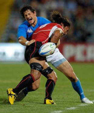 Italy's Alessandro Zanni is tackled by Japan's Ryukoliniasi Holani, Italy v Japan, Stadio Dino Manuzzi, Cesena, Italy, August 13, 2011