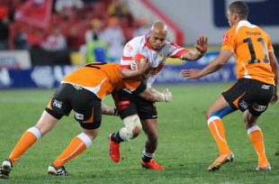 The Lions' Lionel Mapoe is tackled by Adriaan Strauss, Golden Lions v Free State Cheetahs, Currie Cup, Ellis Park, Johannesburg, South Africa, August 13, 2011