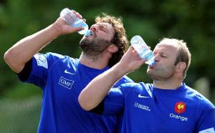 French captain Lionel Nallet (L) and William Servat (R) re-hydrate, France traiing session, Enfield, Ireland, August 17, 2011