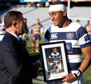 Wing Joe Rokocoko is presented with a souvenir after his last game for Auckland at Eden Park