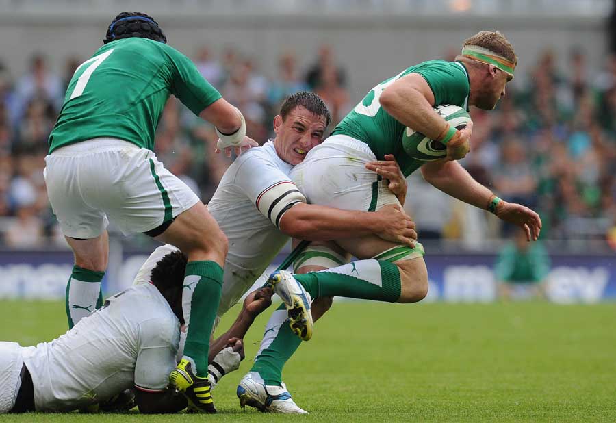 Ireland's Jamie Heaslip fails to crash through the France defence