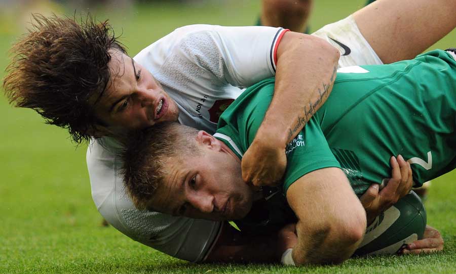 Ireland's Luke Fitzgerald is brought down short of the tryline