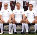 England captain Lewis Moody is flanked by Mike Tindall and Jonny Wilkinson at the squad's official team photo