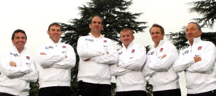 The England management and coaching team - defence coach Mike Ford, forwards coach John Wells, manager Martin Johnson, scrum coach Graham Rowntree, backs coach Brian Smith, kicking coach Dave Alred, Pennyhill Park, Bagshot, Surrey, England, August 23, 2011