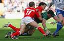 Mike Phillips makes a try-saving tackle on Shane Horgan