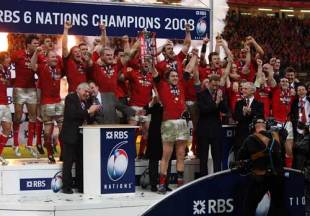 Wales captain Ryan Jones lifts the 2008 Six Nations trophy, Wales v France, Six Nations, Millennium Stadium, March 15 2008.
