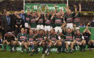 Leicester Tigers celebrate with the Heineken Cup following their 15-9 victory over Munster in the final, Leicester Tigers v Munster, Heineken Cup final, Millennium Stadium, May 25 2002.