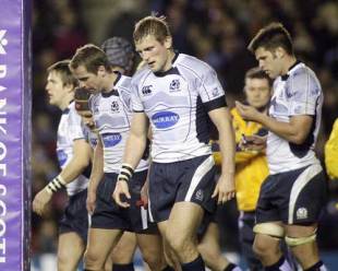 Chris Paterson (2nd L) and John Barclay (2nd R) of Scotland are pictured after their international test match at Murrayfield Stadium in Edinburgh, on November 8, 2008.