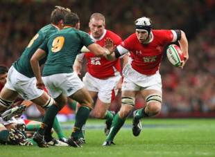Welsh captain Ryan Jones hands off a tackle during the match between Wales and South Africa at the Millennium Stadium in Cardiff, Wales on November 8, 2008.