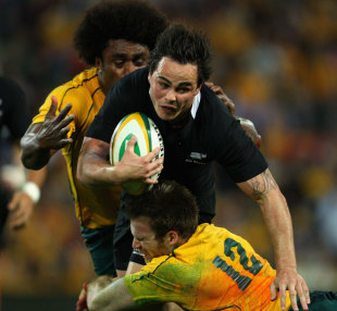 All Blacks wing Zac Guildford is tackled by Pat McCabe, Australia v New Zealand, Tri-Nations, Lang Park, Brisbane, Australia, August 27, 2011 