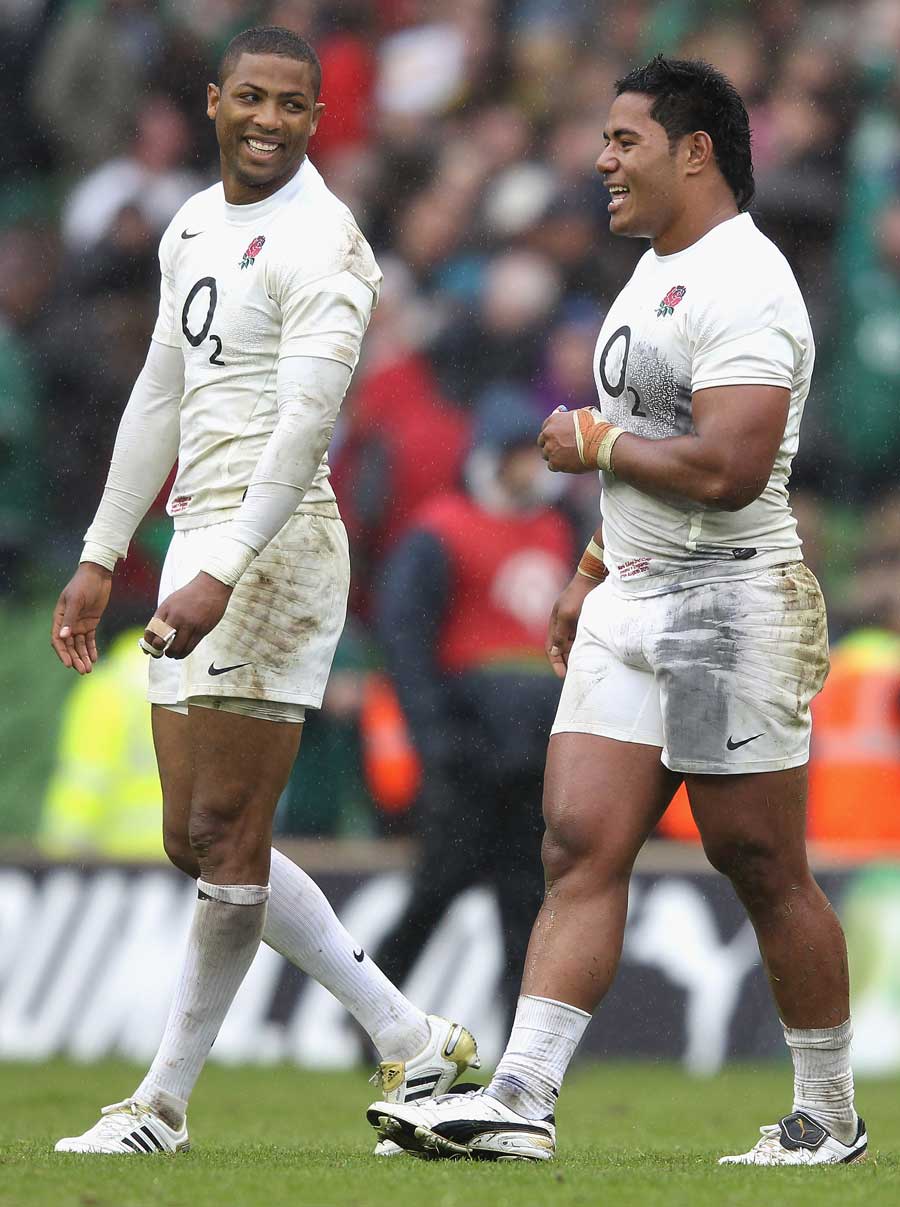 England's two try scorers Delon Armitage and Manu Tuilagi enjoy the moment