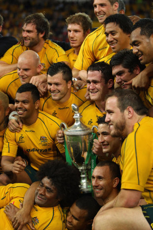 Australia celebrate winning the Tri-Nations, Australia v New Zealand, Tri-Nations, Lang Park, Brisbane, Australia, August 27, 2011 