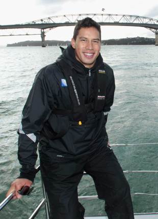 England's Shontayne Hape poses while aboard a yacht, Auckland Harbour, New Zealand, September 1, 2011
