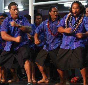 Samoa's captain Mahonri Schwalger leads his team in the siva tau upon arrival in Auckland, Auckland Airport, New Zealand, September 1, 2011