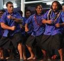 Samoa's captain Mahonri Schwalger leads his team in the siva tau upon arrival in Auckland