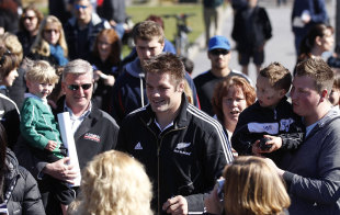 New Zealand captain Richie McCaw is swamped by fans on a team walkabout, Rangiora, Christchurch, New Zealand, September 2, 2011