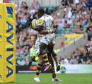 London Wasps winger Christian Wade is congratulated after his try
