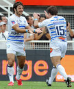 Castres wing Marc Andreu is congratulated after his try