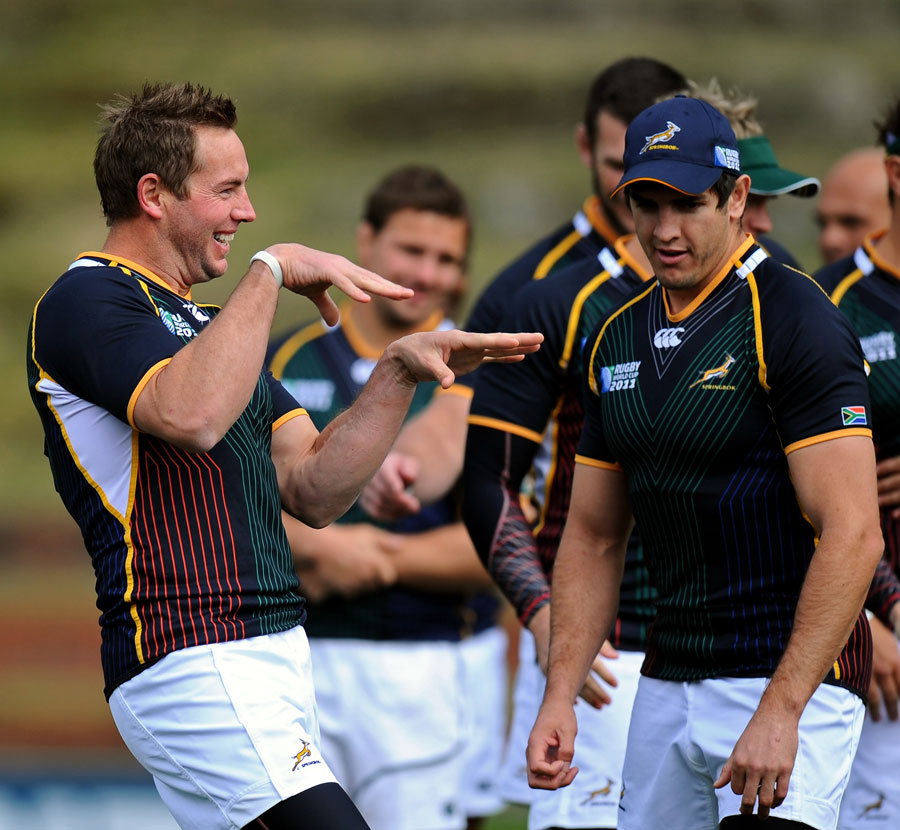 Fly-half Butch James enjoys a joke with his Springbok team-mates