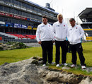 Alex Corbisiero, Lewis Moody and Lee Mears inspect the damage to the Lancaster Park pitch