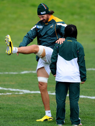 South Africa's Victor Matfield limbers up for training, South Africa team announcement, Wellington, New Zealand, September 9, 2011