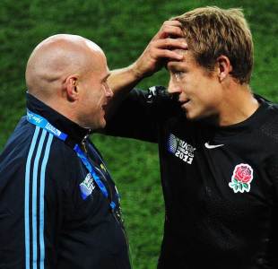 A relieved Jonny Wilkinson reflects on the match with Argentina's Felipe Contepomi, England v Argentina, Rugby World Cup, Otago Stadium, Dunedin, New Zealand, September 10, 2011