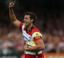 Gloucester's Jonny May celebrates on his way to the try-line