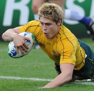 Australia's James O'Connor crosses the whitewash, Australia v Italy, Rugby World Cup, North Harbour Stadium, Auckland, New Zealand, September 11, 2011
