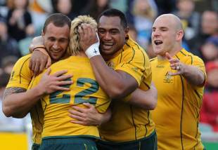 Australia celebrate their third try, Australia v Italy, Rugby World Cup, North Harbour Stadium, Auckland, New Zealand, September 11, 2011
