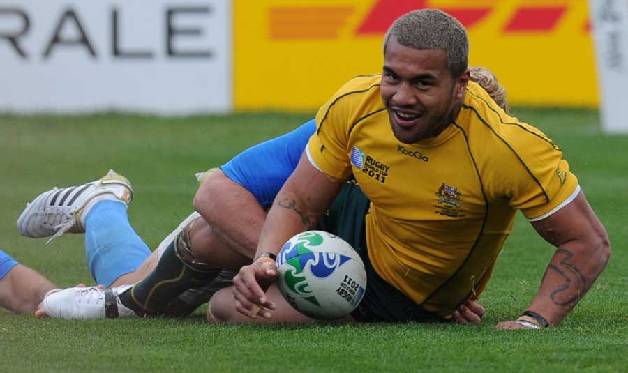 Australia's Digne Ioane enjoys the moment as he scores his first try of the World Cup