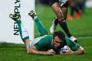 Ireland's Tommy Bowe dives over the tryline, Ireland v USA Eagles, Rugby World Cup, New Plymouth, New Zealand, September 11, 2011