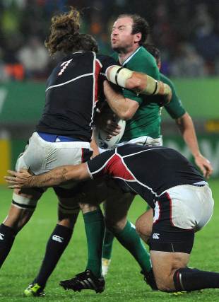 Ireland's Geordan Murphy is halted by Todd Clever, Ireland v USA Eagles, Rugby World Cup, New Plymouth, New Zealand, September 11, 2011