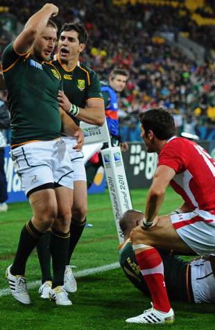South Africa's Frans Steyn celebrates the opening score of the match, South Africa v Wales, Rugby World Cup, Wellington Stadium, New Zealand, September 11, 2011