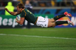 South Africa's Francois Hougaard dives over for the match winning try, South Africa v Wales, Rugby World Cup, Wellington Stadium, New Zealand, September 11, 2011