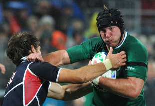 Ireland flanker Stephen Ferris hands off Blaine Scully, Ireland v United States, Rugby World Cup, New Plymouth, New Zealand, September 11, 2011