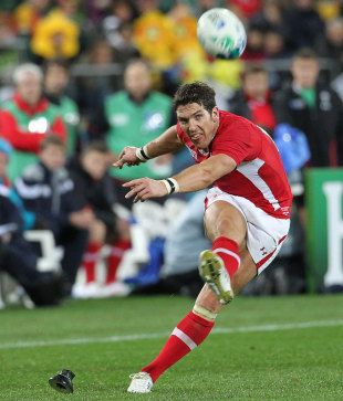 Wales fullback James Hook kicks a penalty, Wales v South Africa, Rugby World Cup 2011, Wellington, New Zealand, September 11, 2011