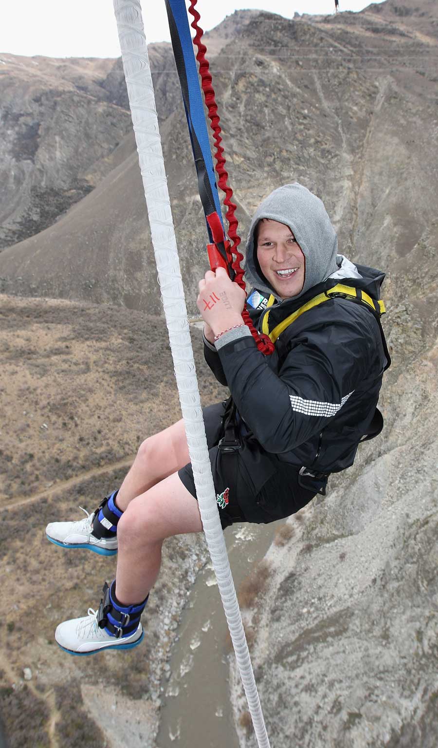 England's Dylan Hartley is a relieved man after completing the bungy jump