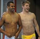 Australia's Kurtley Beale and Drew Mitchell sport their 'budgy smugglers' for a team recovery session