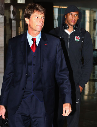 England lock Courtney Lawes and QC Richard Smith arrive for a disciplinary hearing, Rugby World Cup, Auckland, New Zealand, September 13, 2011