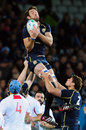 Scotland lock Nathan Hines claims a lineout ball