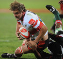 Lions lock Johan Snyman stretches for the line
