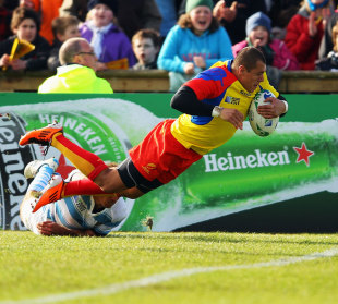 Romania's Iionel Cazan dives over to score a try, Argentina v Romania, Rugby Park Stadium, Invercargill, New Zealand, September 17, 2011