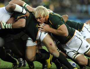 South Africa's Schalk Burger lends his weight to a drive, Fiji v South Africa, Rugby World Cup, Wellington Stadium, Wellington, New Zealand, September 17, 2011
