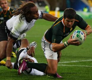 South Africa's Morne Steyn crashes across for his try, Fiji v South Africa, Rugby World Cup, Wellington Stadium, Wellington, New Zealand, September 17, 2011
