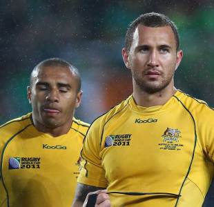 Australia's Will Genia and Quade Cooper are in shock after losing to Ireland, Australia v Ireland, Rugby World Cup, Eden Park, Auckland, New Zealand, September 17, 2011