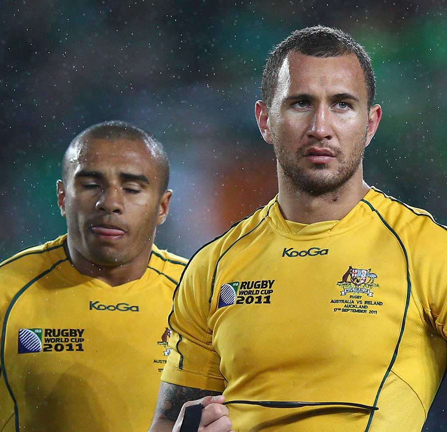 Australia's Will Genia and Quade Cooper are in shock after losing to Ireland, Australia v Ireland, Rugby World Cup, Eden Park, Auckland, New Zealand, September 17, 2011