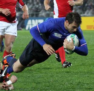 France's Vincent Clerc crosses for his side's first try of the match, Canada v France, Rugby World Cup, McLean Park, Napier, New Zealand, September 18, 2011