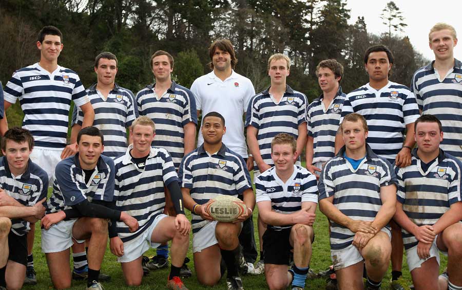 England's Tom Palmer poses with the current Otago Boys XV