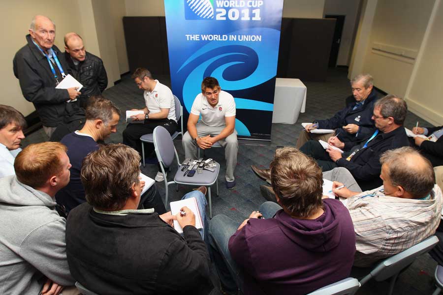 England fly-half Toby Flood faces questions from the media