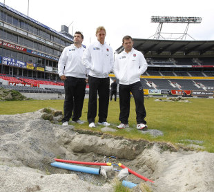 Alex Corbisiero, Lewis Moody and Lee Mears inspect damage to the AMI Stadium